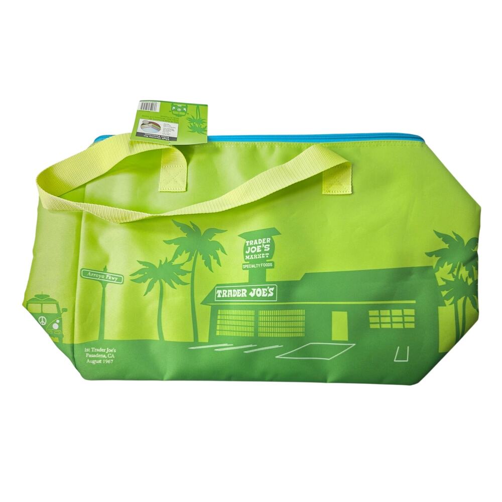 TRADER JOES Electric Green Insulated Shopping Grocery Cooler Zip Top Bag NWT
